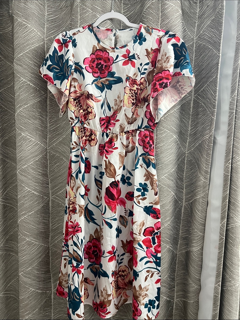 Floral Midi Dress in White with Pink & Teal Accents